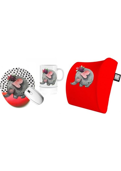 Office Küp 3'lü Ofis Seti Bel Yastığı Kahve Bardağı Mouse Pad Kırmızı Fil