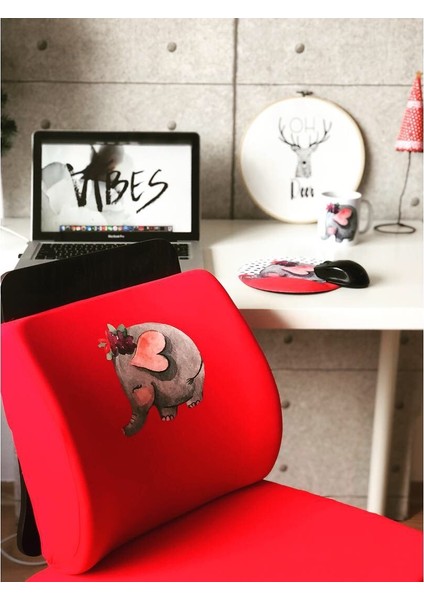 Office Küp 3'lü Ofis Seti Bel Yastığı Kahve Bardağı Mouse Pad Kırmızı Fil
