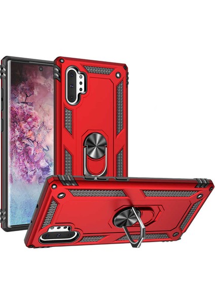 Case 4U Samsung Galaxy Note 10 Plus Kılıf Çift Katmanlı Yüzüklü Manyetik Vega Kapak Kırmızı