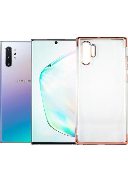 Samsung Galaxy Note 10 Plus Kılıf 4 Köşeli Renkli Lazer Silikon Arka Kapak Glitter Rose Gold