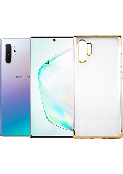 Samsung Galaxy Note 10 Plus Kılıf 4 Köşeli Renkli Lazer Silikon Arka Kapak Glitter Altın