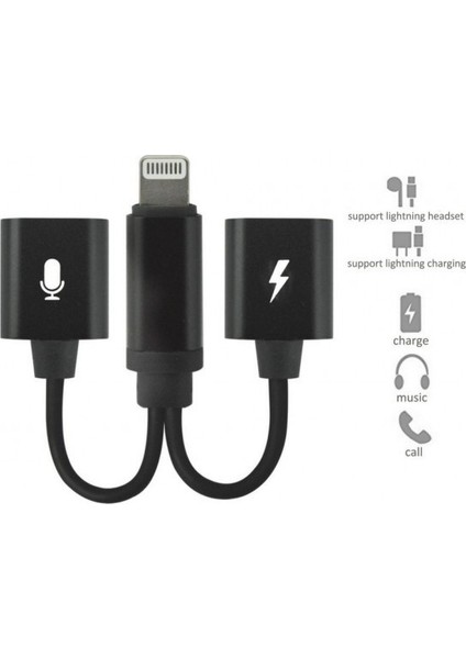 Apple iPhone Lightning to Lightning Şarj Kulaklık Çoklayacı Konuşma Destekli Siyah