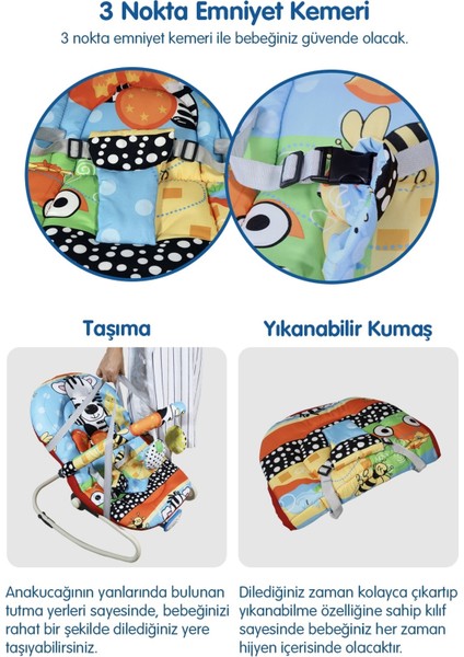 Rhythm Titreşimli ve Müzikli Ev Tipi Ana Kucağı - Tam Yatarlı - Kademeli Sırt Ayarı - Orman Hayvanları Pembe indirimleri