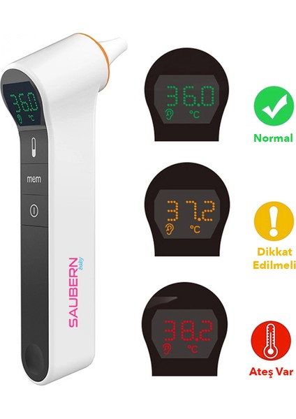 Saubern BNT9603 Temassız Alından Ateş Ölçer - Kulaktan Ateş Ölçer - Dijital Termometre - Işıklı Ekran