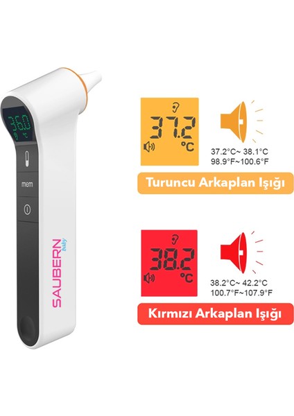 Saubern BNT9603 Temassız Alından Ateş Ölçer - Kulaktan Ateş Ölçer - Dijital Termometre - Işıklı Ekran