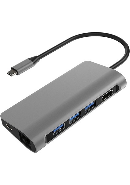 Type-C 8 in 1 Multiport Alüminyum Rj-45 Ethernet - 3 Port USB 3.0 Hub HDMI Dönüştürücü