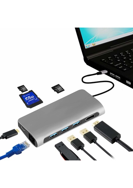 Type-C 8 in 1 Multiport Alüminyum Rj-45 Ethernet - 3 Port USB 3.0 Hub HDMI Dönüştürücü