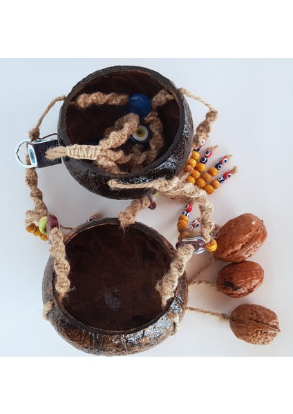 Hindistan Cevizi Kabuğundan Cam Boncuklu El Yapımı 2'li Mini Saksı Askısı