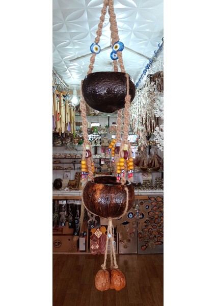 Hindistan Cevizi Kabuğundan Cam Boncuklu El Yapımı 2'li Mini Saksı Askısı fiyatları