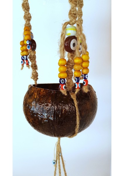 Hindistan Cevizi Kabuğundan Cam Boncuklu El Yapımı 2'li Mini Saksı Askısı modelleri