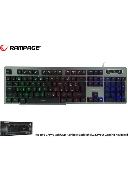 KB-R78 Gri/Siyah USB Rainbow Backlight LC Layout Oyuncu Klavye