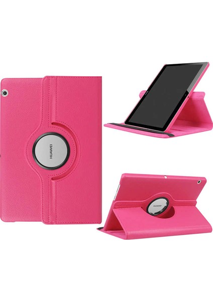 Huawei MediaPad T5 10'' Kılıf 360 Rotating Stand Deri Koyu Pembe