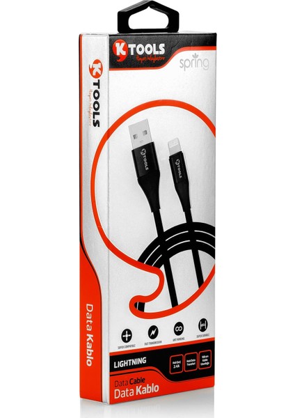Spring Lightning 2.4A Data Kablosu Hızlı Şarj 1 mt Siyah