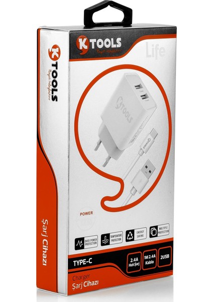 Ktools Life Çift Seyahat Şarj Cihazı 2.4A 12W Hızlı Şarj Adaptör ve Type-C Kablo