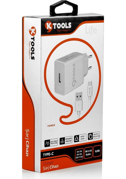 Life Tek Seyahat Şarj Cihazı 2.4A 12W Hızlı Şarj Adaptör ve Type-C Kablo