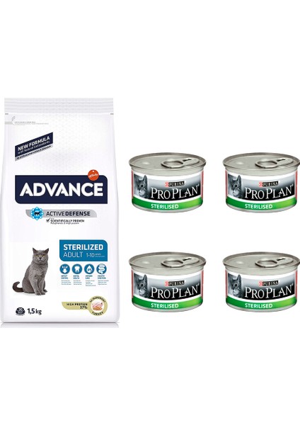 Sterilised Kısırlaştırılmış 1,5 kg Hindili Kedi Maması + Pro Plan Sterilised 4 Ad. Konserve Yaş Mama
