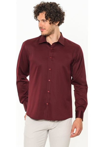 Erkek Bordo Slim Fit Uzun Kol Gömlek