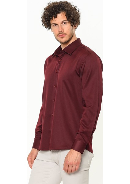 Erkek Bordo Slim Fit Uzun Kol Gömlek