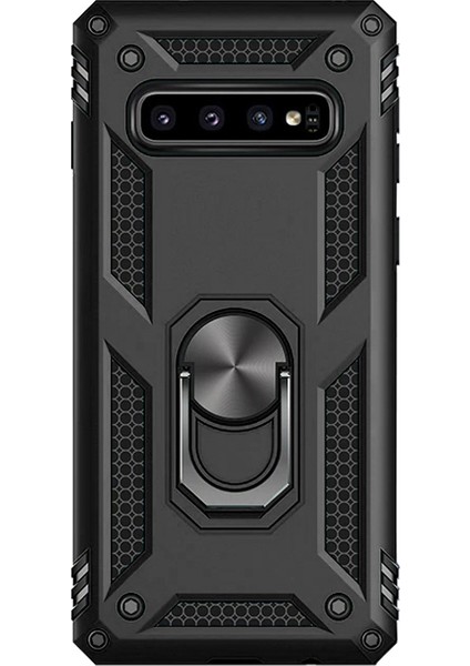 Samsung Galaxy S10 Anka Serisi Yüzük Standlı Armor Kılıf - Siyah