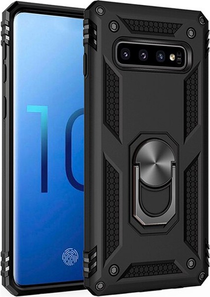 Samsung Galaxy S10 Plus Anka Serisi Yüzük Standlı Armor Kılıf - Siyah