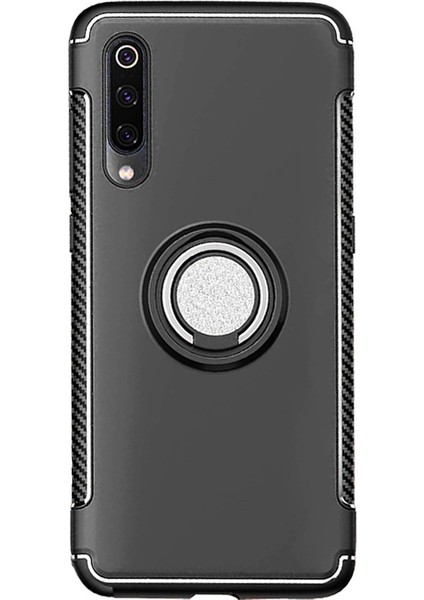Xiaomi Mi 9 Explorer Yüzük Standlı Armor Silikon Kılıf - Siyah