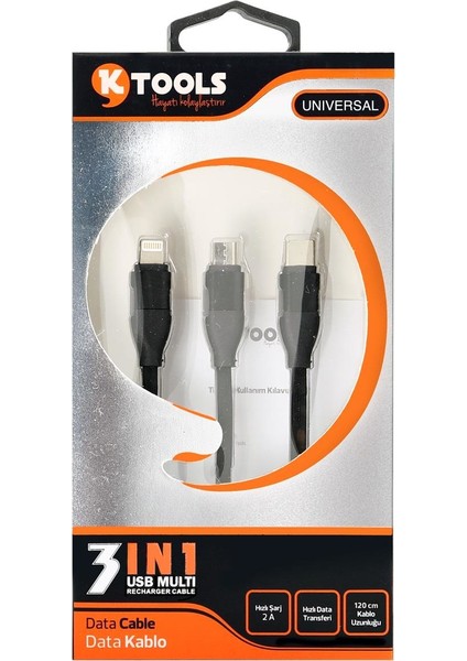 3 In 1 2A Universal Data Kablosu 120cm