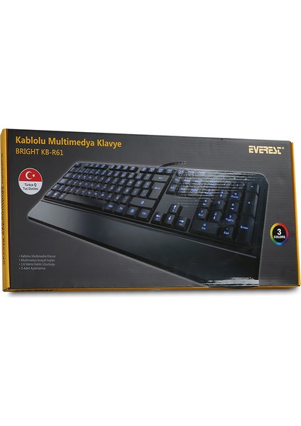 KB-R61 BRIGHT Siyah USB 3 Renk Aydınlatmalı Q Sabit Bilek Destekli Gaming Oyuncu Multimedia Klavye