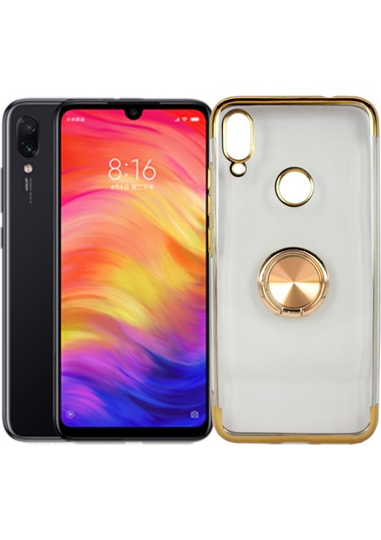 Xiaomi Redmi Note 7 Kılıf Yüzüklü Standlı Manyetik Silikon Gess Arka Kapak Altın