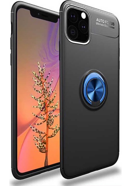 Apple iPhone 11 Pro Max Kılıf Autofocus Shockprof Ravel Yüzüklü Standlı Slikon Kapak Siyah Mavi