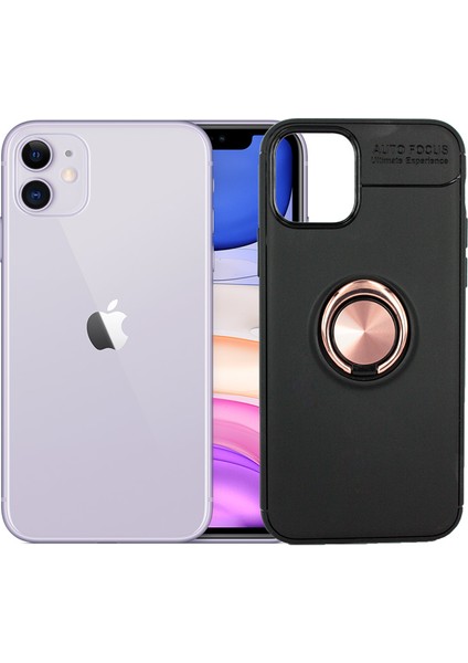 Apple iPhone 11 Kılıf Autofocus Shockprof Ravel Yüzüklü Standlı Slikon Kapak Siyah Rose Gold