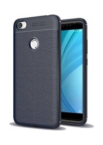 Xiaomi Redmi Note 5A Prime Deri Tasarım Zırh Kılıf Antişok Silikon Kapak Kılıf + Esnek Nano Cam Lacivert
