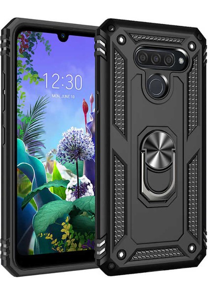 LG Q60 Kılıf Yüzüklü Standlı Ultra Korumalı Manyetik Vega Kapak - Siyah + Tam Kaplayan 6D Nano Ekran Koruyucu