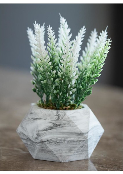 Mermer Görünümlü Saksıda Lavanta Yapay Çiçek