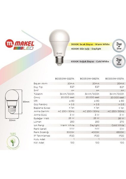 LED Ampul 7W Ampul 3000K Gün Işığı