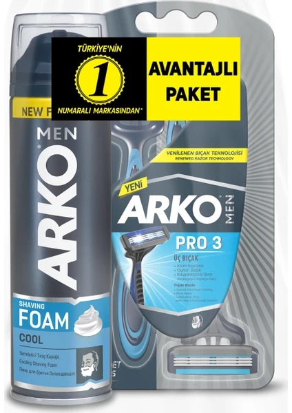 Men T3 Pro 3 Bıçaklı Tıraş Bıçağı 3'lü & Cool Tıraş Köpüğü 200 ml Avantaj Paketi