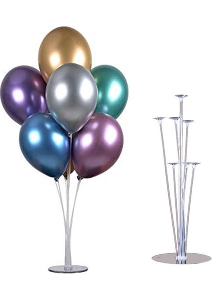 Cakes & Party 7'li Balon Standı ve 10 Adet Karışık Renkli Metalik Balon