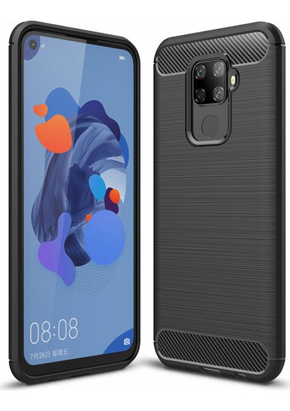 Huawei Mate 30 Lite Brushed Carbon Fiber Silikon Kılıf - Siyah