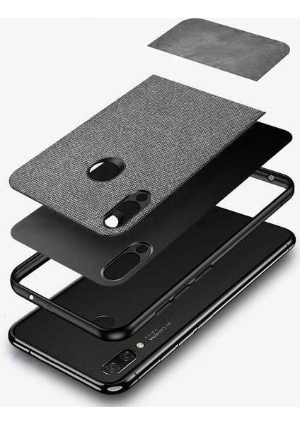 Xiaomi Redmi Note 7 Pro Fabrik Serisi Kumaş ve Deri Desen Kılıf - Gri