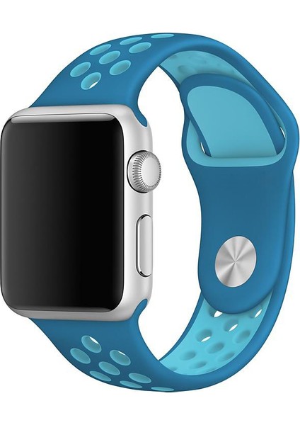 Case 4U Apple Watch Seri 7/6/SE/5/4 Delikli Spor Kayış 45mm 44mm 42mm Uyumlu Mavi - Turkuaz