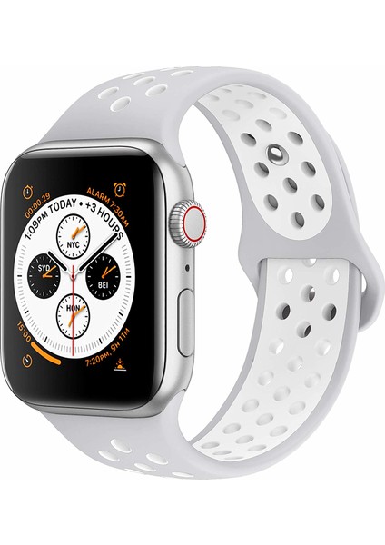 Apple Watch Seri 7/6/SE/5/4 Delikli Spor Kayış 45mm 44mm 42mm Uyumlu Gri - Beyaz