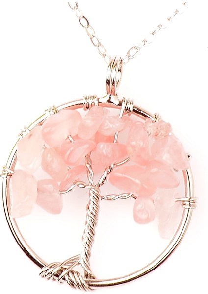 Pembe Kuvars Taşı Hayat Ağacı Kolye