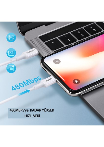 UGREEN Lightning to USB-C 3A PD MFi Sertifikalı Hızlı Şarj Kablosu, 1 Metre, Beyaz - 10493