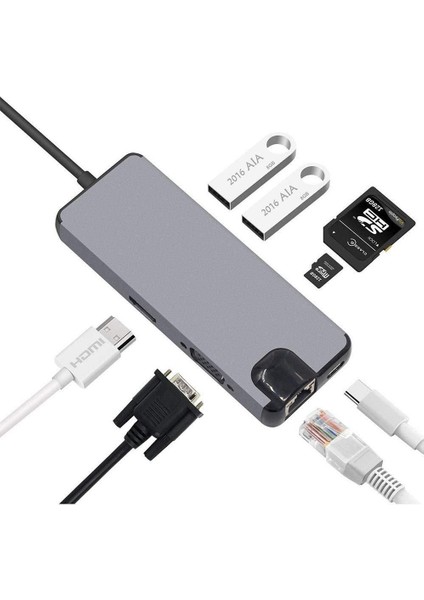 Type-C To USB 3.0 Çoklayıcı Ethernet 4K HDMI 8 in 1 SD/TF Adaptör