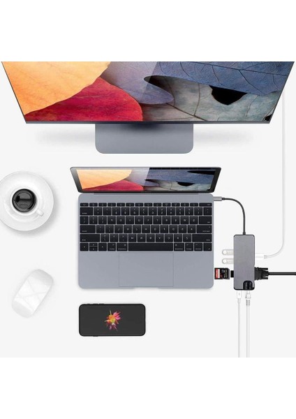 Type-C To USB 3.0 Çoklayıcı Ethernet 4K HDMI 8 in 1 SD/TF Adaptör