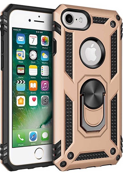 Apple iPhone X Kılıf Yüzüklü Standlı Tank Silikon - Gold + Ekran Koruyucu