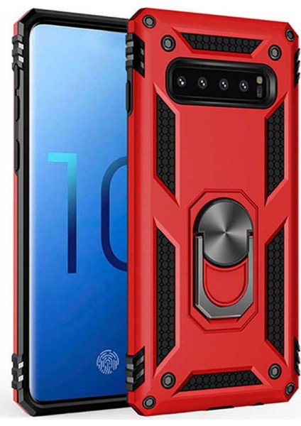 Samsung Galaxy A2 Core Kılıf Shockproof Standlı Yüzük Tutuculu + Temperli Ekran Koruma Kırmızı