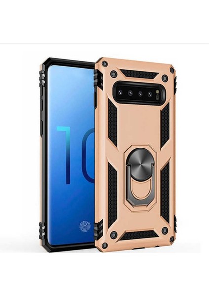 Samsung Galaxy A2 Core Kılıf Shockproof Standlı Yüzük Tutuculu + Temperli Ekran Koruma Gold
