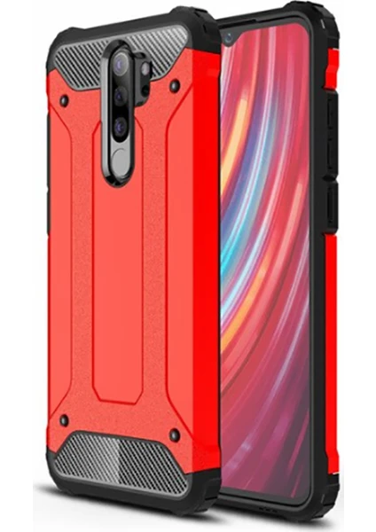 Case 4U Xiaomi Redmi Note 8 Pro Kılıf Military Armor Çift Katmanlı Crash Silikon Kılıf Kırmızı