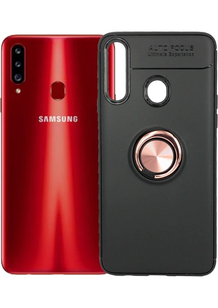 Case 4U Samsung Galaxy A20S Kılıf Autofocus Shockprof Ravel Yüzüklü Standlı Slikon Kapak Siyah Rose Gold