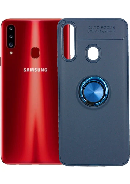 Case 4U Samsung Galaxy A20S Kılıf Autofocus Shockprof Ravel Yüzüklü Standlı Slikon Kapak Lacivert